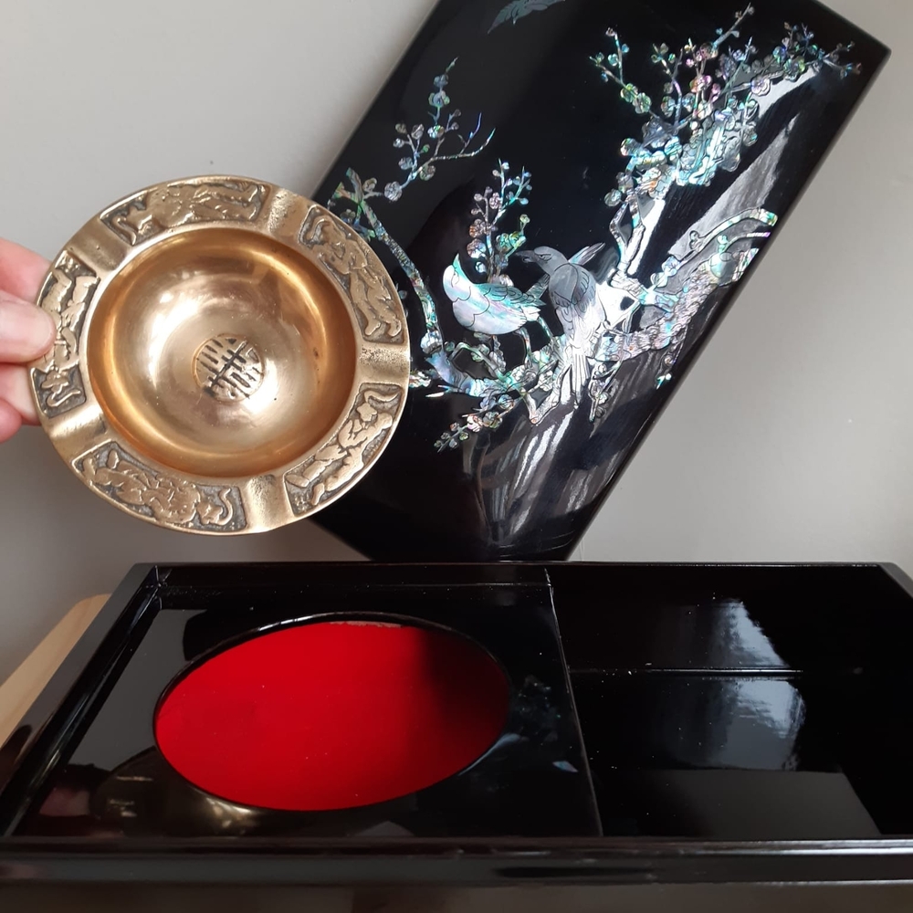 Chinese Mother of Pearl Box with heavy brass ashtray